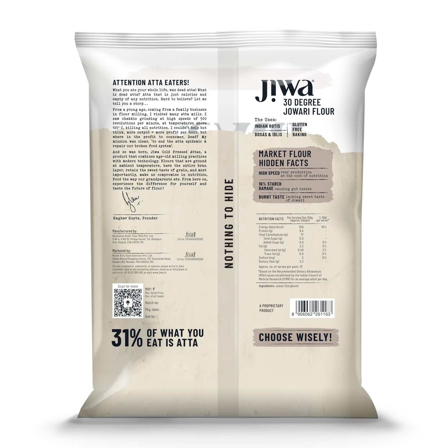 JIWA Organic Jowar Flour, 1 Kg - Cold Pressed, Fresh Taste