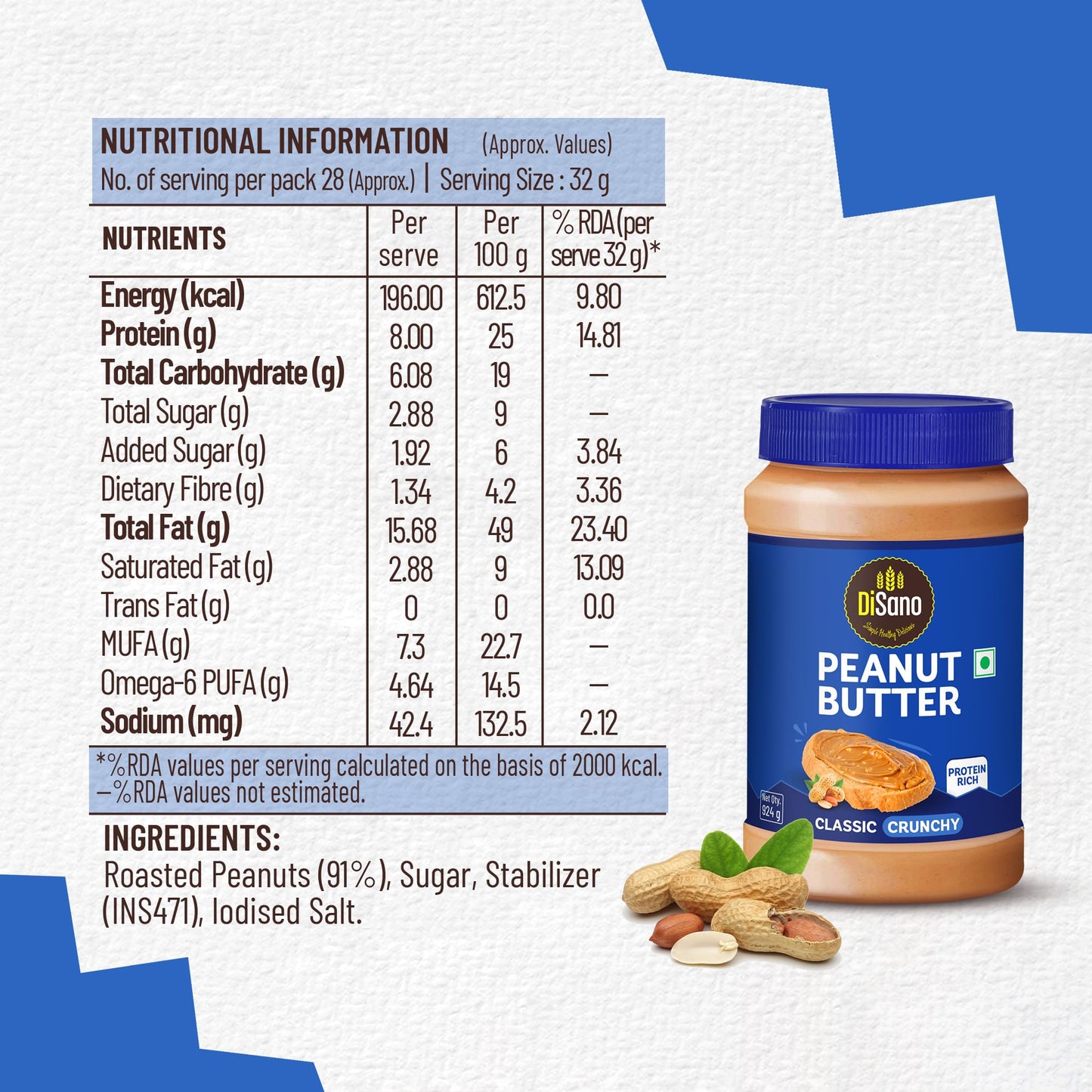 DiSano Crunchy Peanut Butter 924g - 25% Protein, Gluten Free