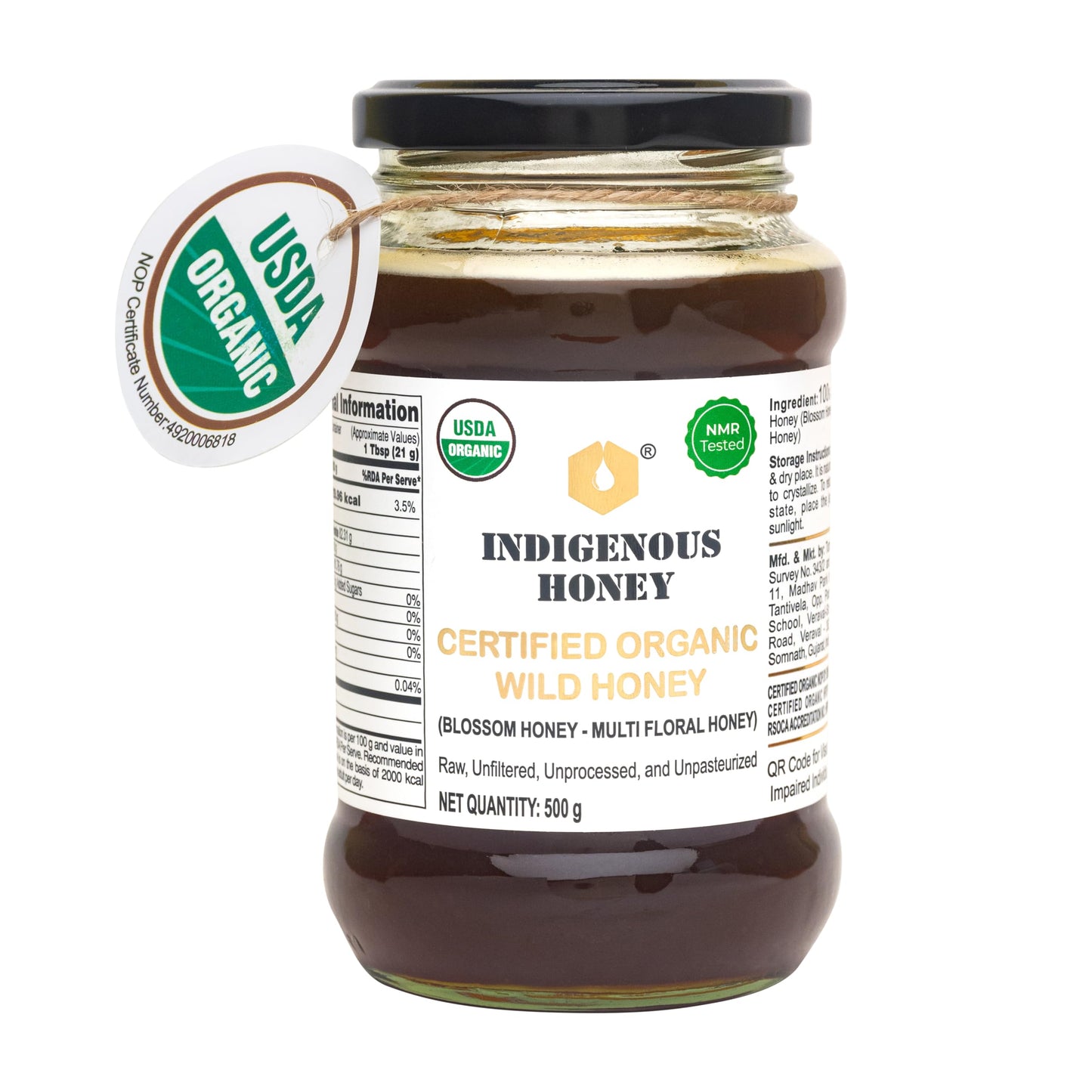 INDIGENOUS HONEY Raw Organic Honey 500 g Glass Jar - USDA Certified, NMR Tested