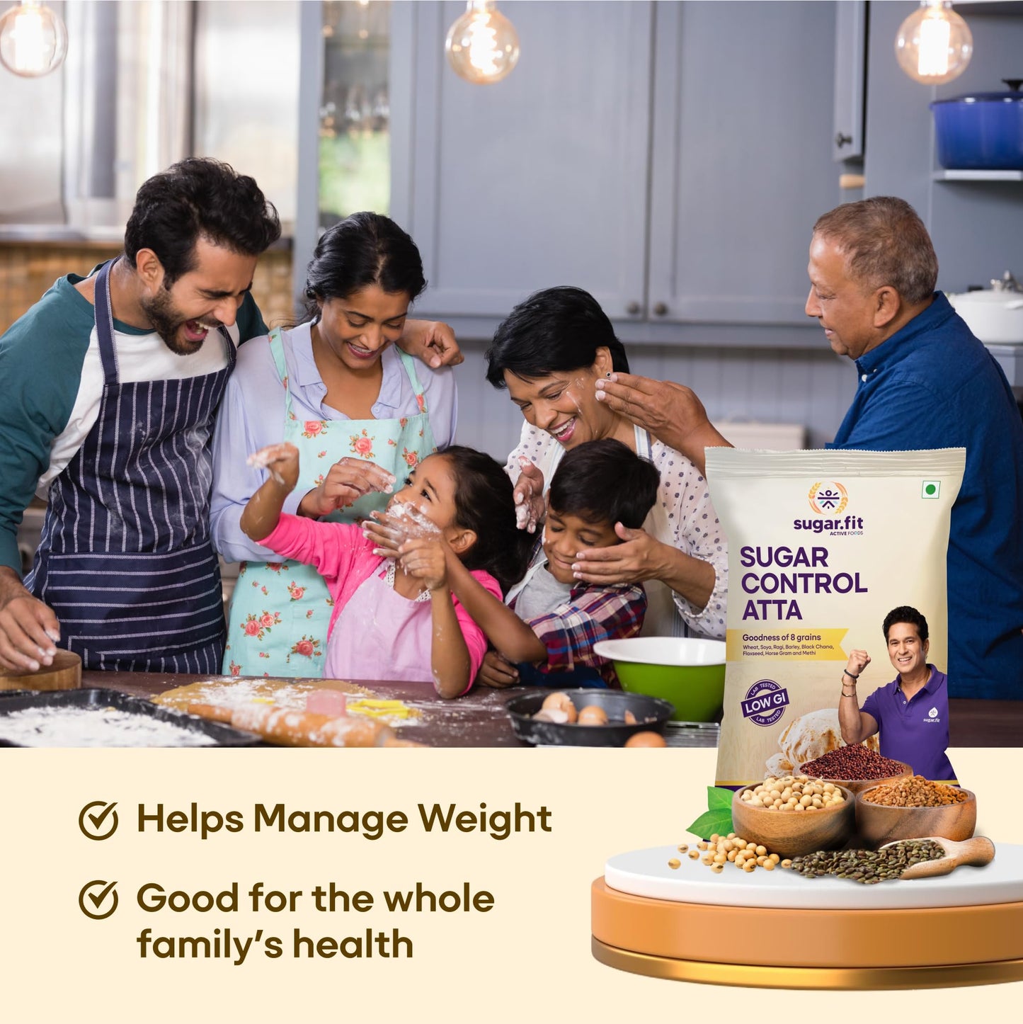 Sugar.fit Sugar Control Atta 5kg - 8-in-1 Multigrain Flour, Low GI, High Protein & Fiber