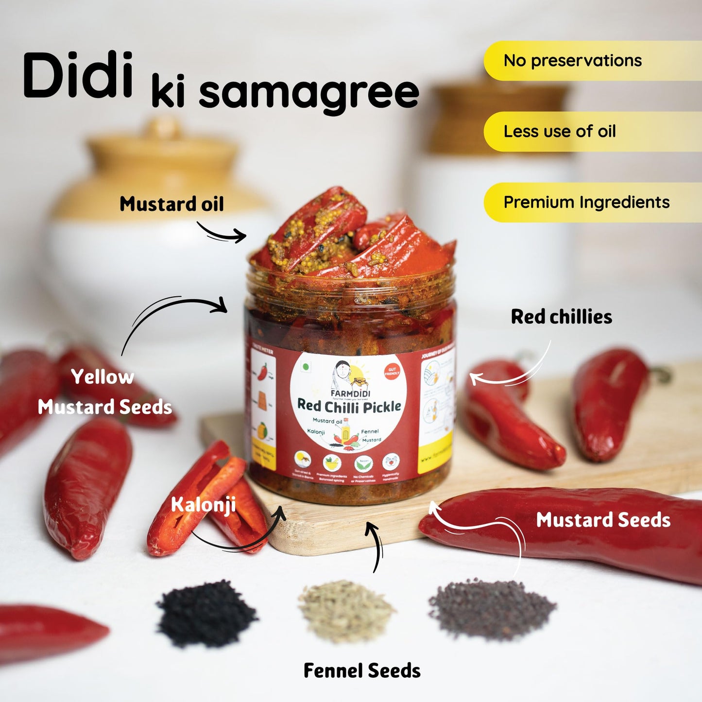 FarmDidi Bharwa Lal Mirch Pickle 325g | Homemade Red Chilli Achar | No Preservatives, Mustard Oil