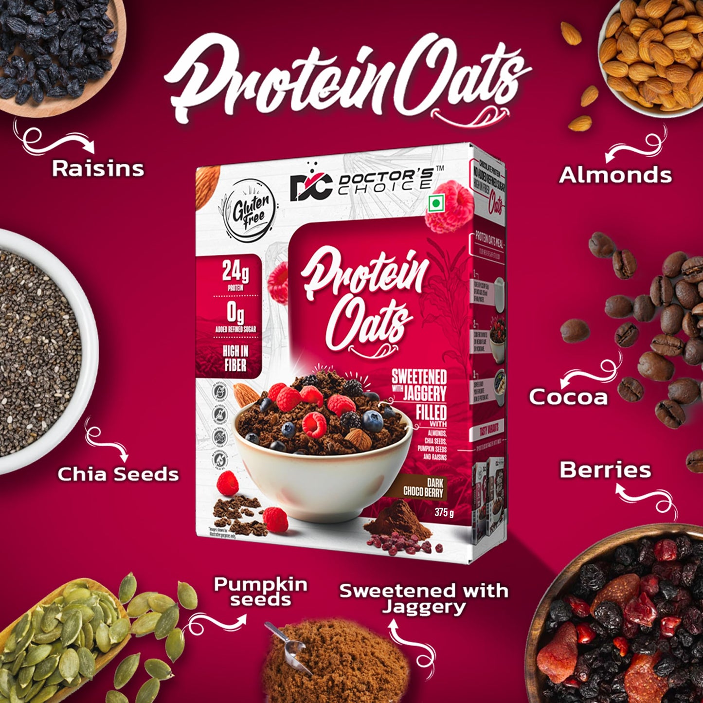DOCTORS CHOICE Oats, 750g Breakfast Cereals, 24g Protein, Gluten-Free, Jaggery Sweetened