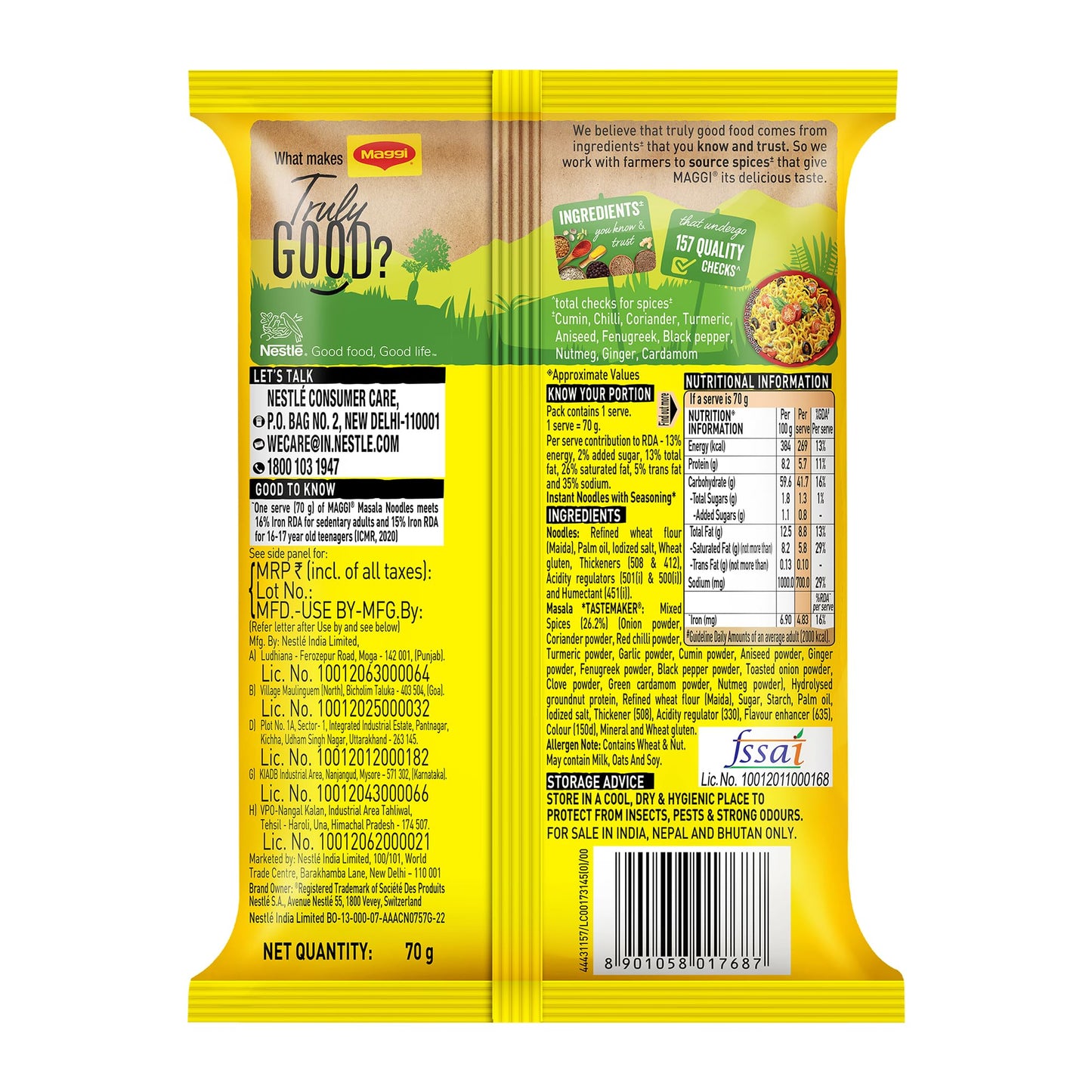 MAGGI Instant Masala Noodles, 70g Pouch - Iron Fortified