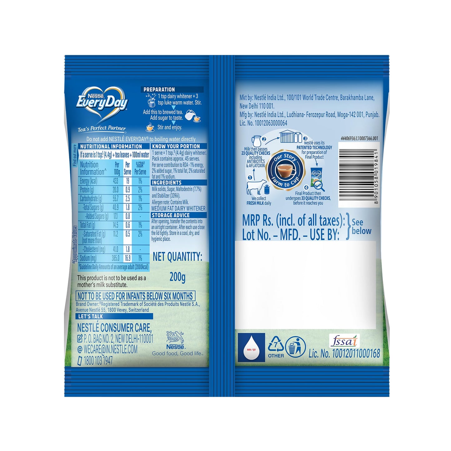 Nestle EveryDay Dairy Powder Whitener, 200g Pouch - Thick & Creamy for Tea