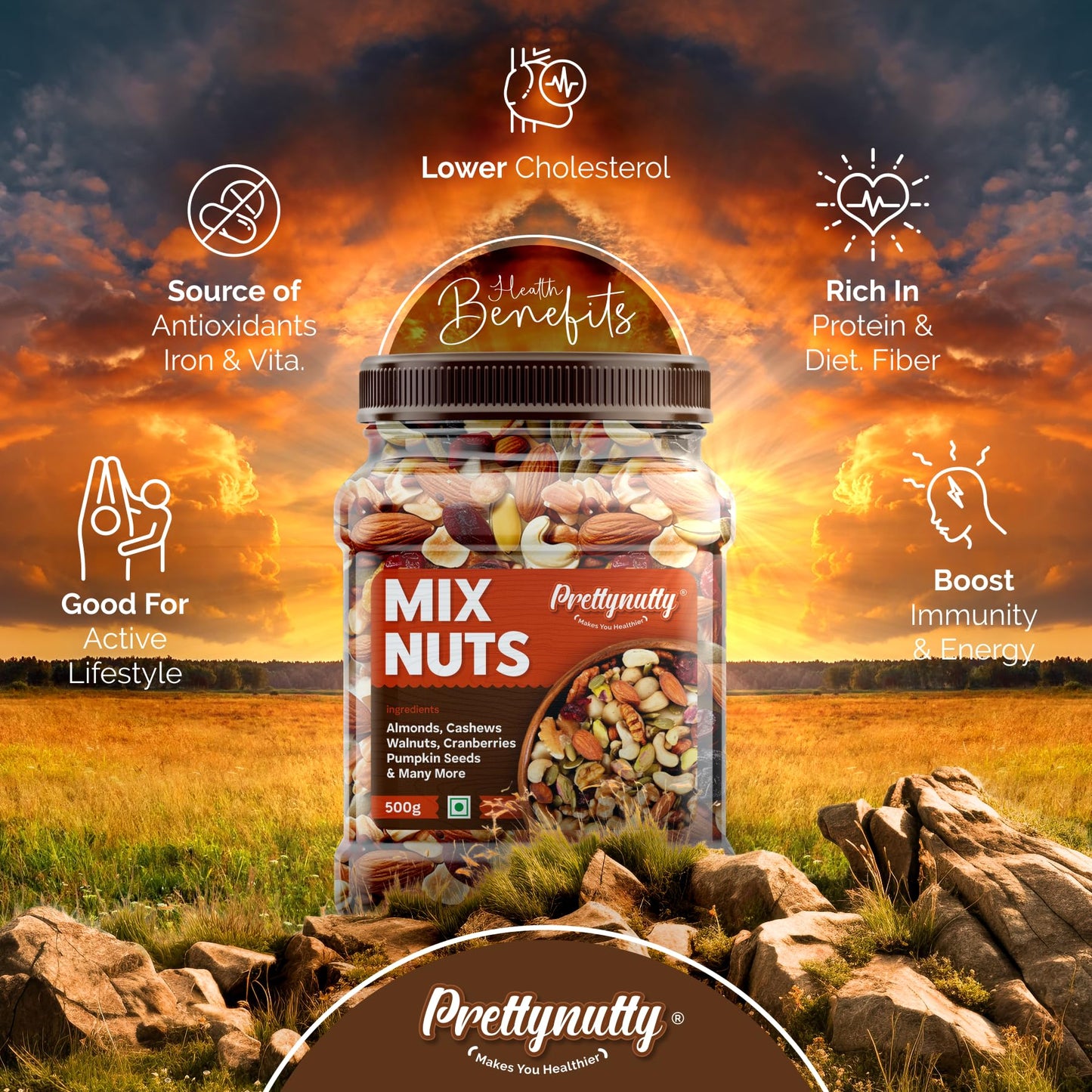 PrettyNutty Dried Fruits, Nuts & Seeds 500g Jar - Almonds, Cashews, Cranberries & More