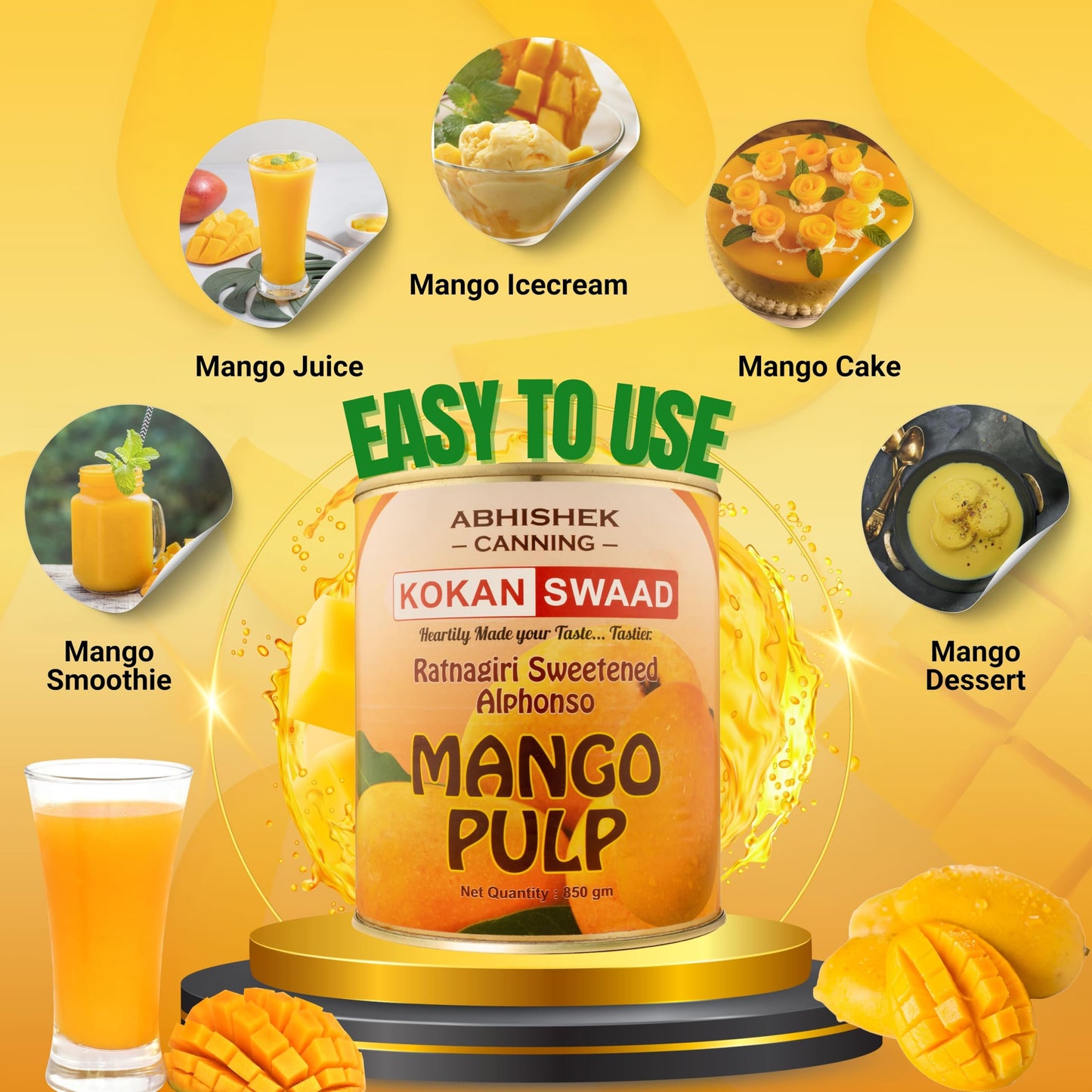 KOKANSWAAD Canned Alphonso Mango Pulp 850g - Sweetened, Non-GMO, No Preservatives