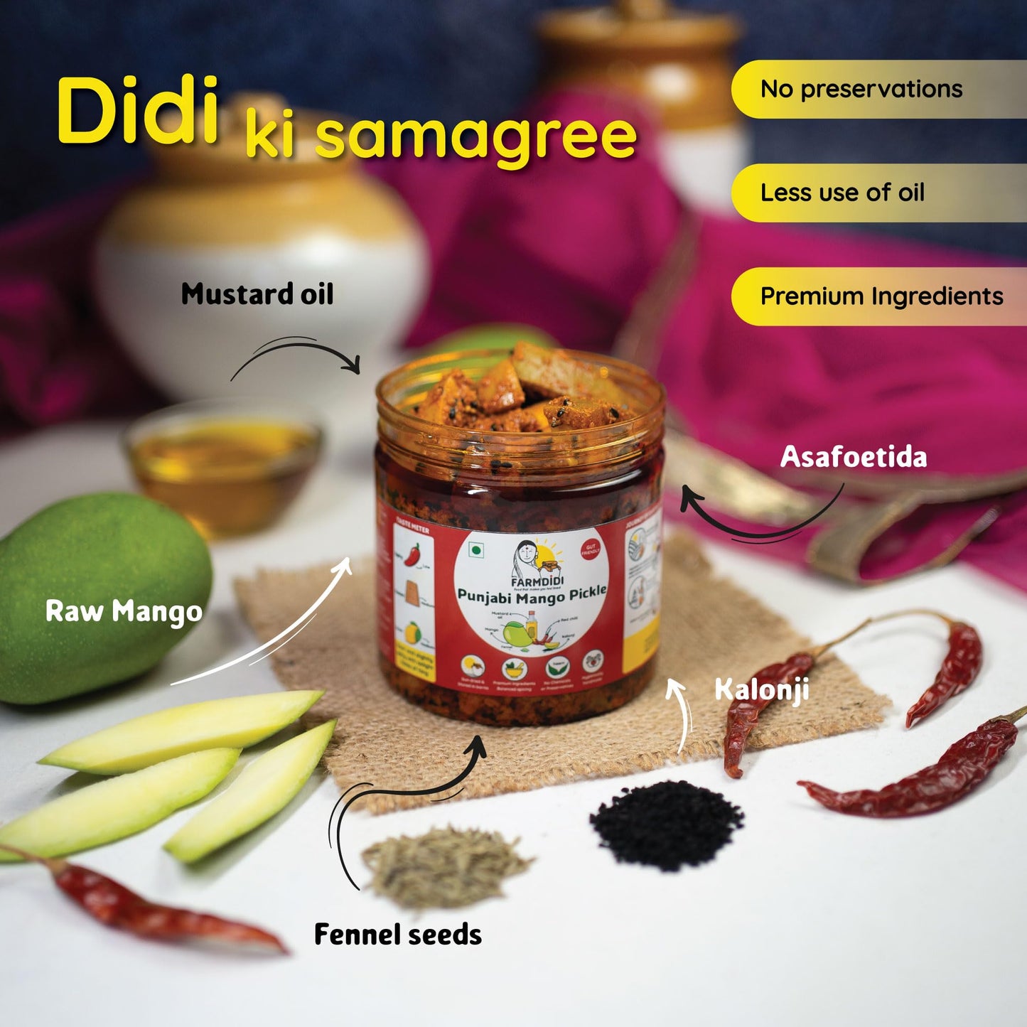 FarmDidi Punjabi Mango Pickle 325g | Fresh Dry Aam Ka Achaar | Made With Less Oil