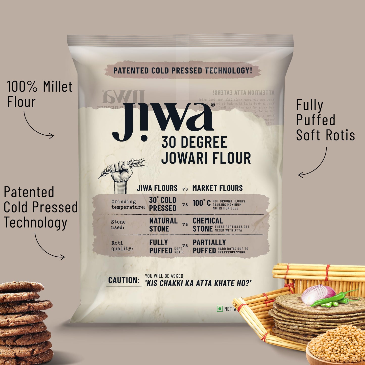 JIWA Organic Jowar Flour, 1 Kg - Cold Pressed, Fresh Taste