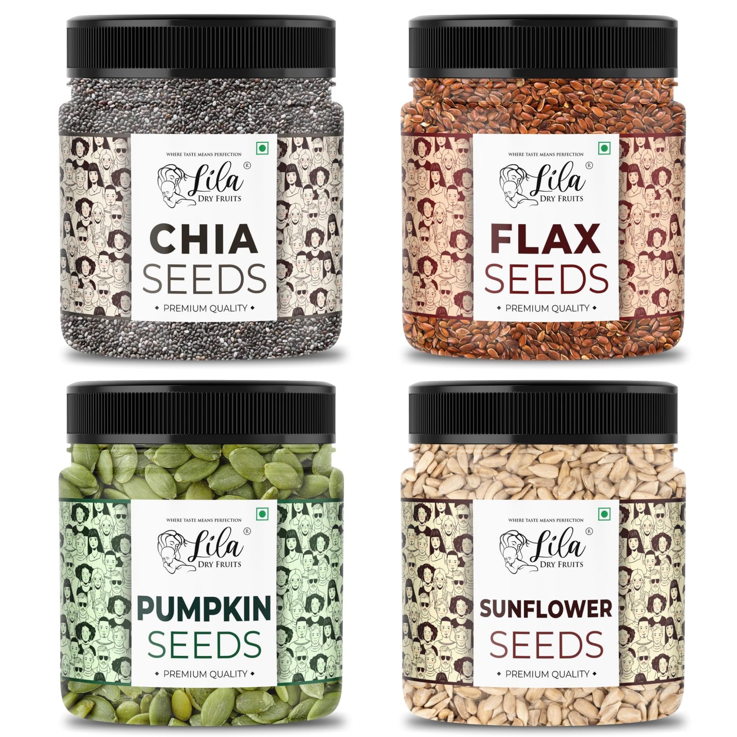 LILA DRY FRUITS Superseed Combo (Chia, Pumpkin, Sunflower & Flax) 1kg Jar Pack | Low-Calorie Diet Snack