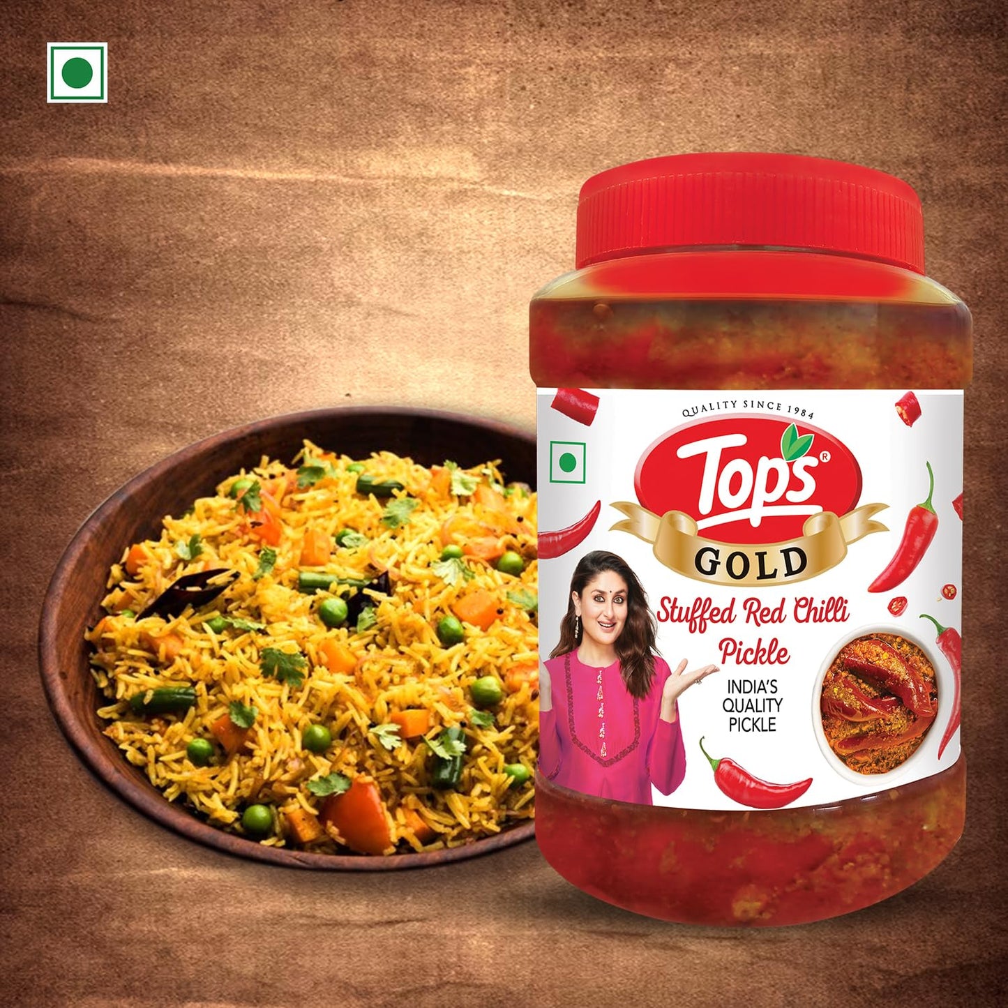 TOPS Gold Pickle Stuffed Red Chilli - 900 gm | Trans Fat-Free, Mustard Oil