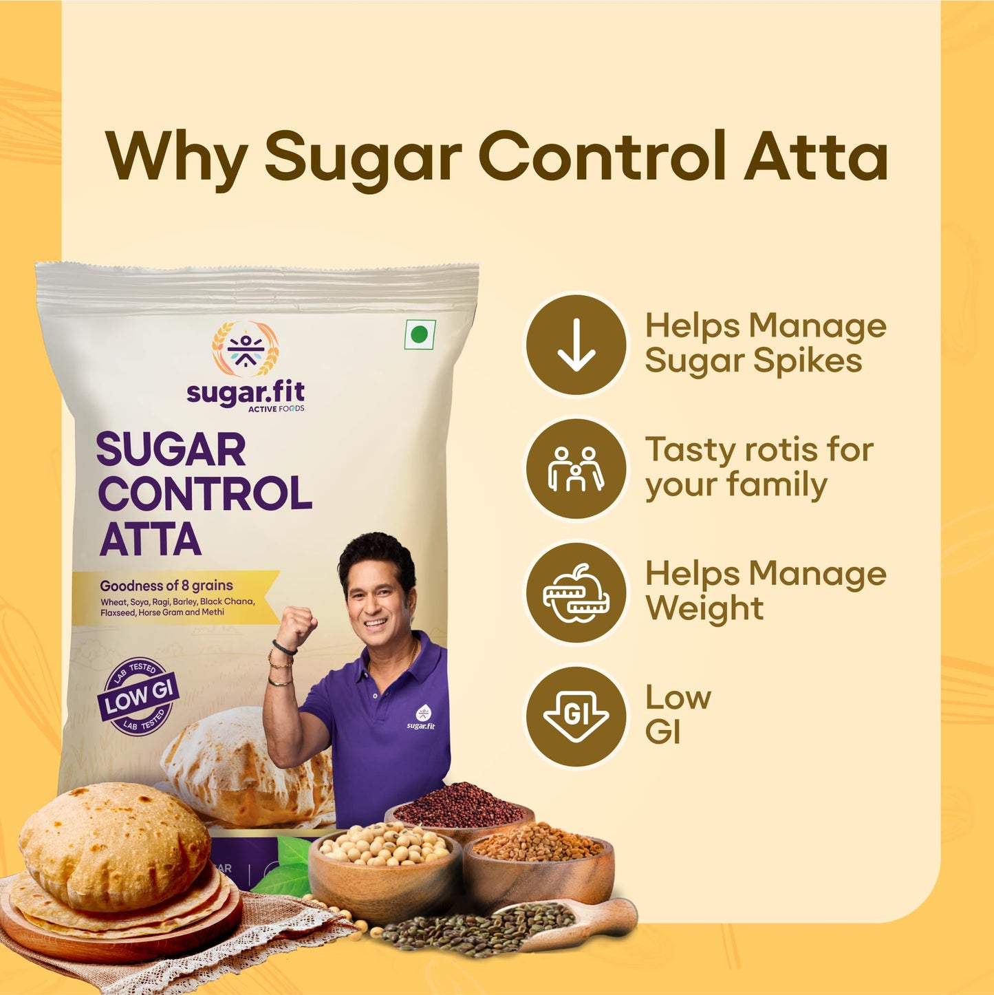 Sugar.fit Sugar Control Atta 5kg - 8-in-1 Multigrain Flour, Low GI, High Protein & Fiber