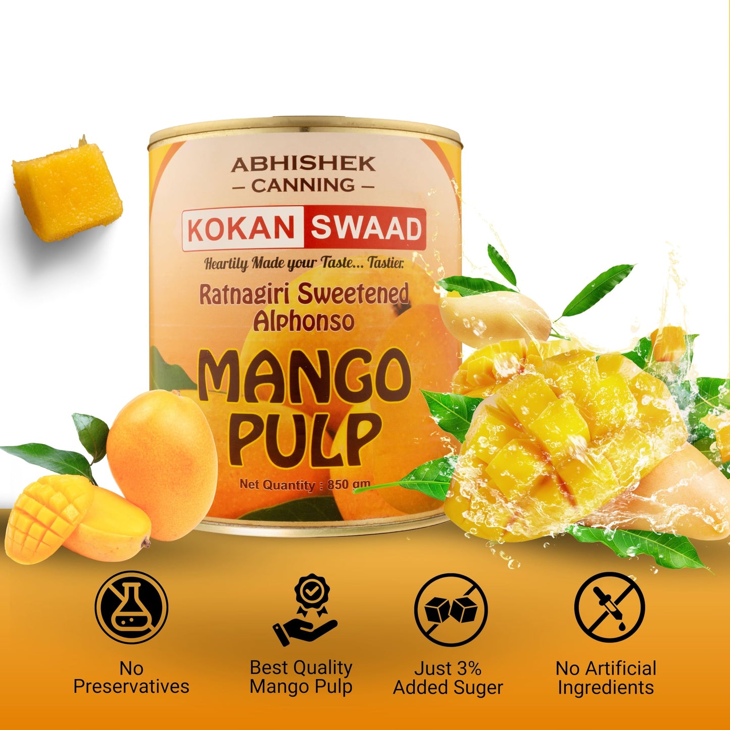 KOKANSWAAD Canned Alphonso Mango Pulp 850g - Sweetened, Non-GMO, No Preservatives