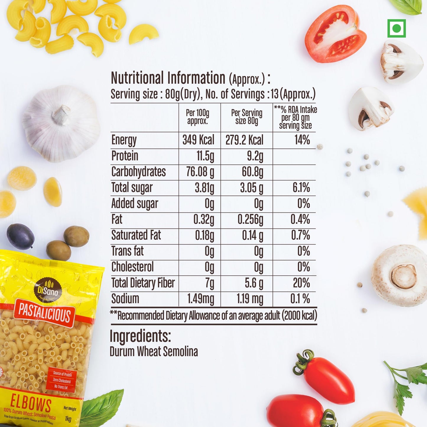 DISANO Elbows Pasta, 1Kg, 100% Durum Wheat, No Maida, Vegetarian