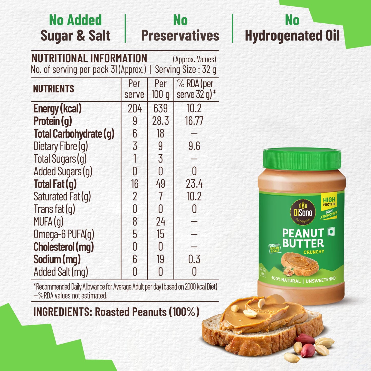 DiSano Peanut Butter 1Kg, Unsweetened, Gluten-Free, 30% Protein