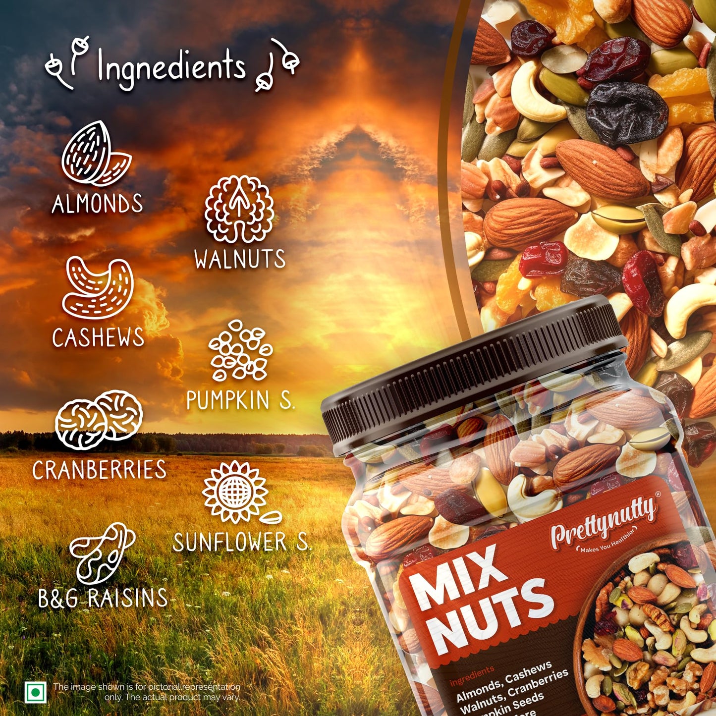 PrettyNutty Dried Fruits, Nuts & Seeds 500g Jar - Almonds, Cashews, Cranberries & More