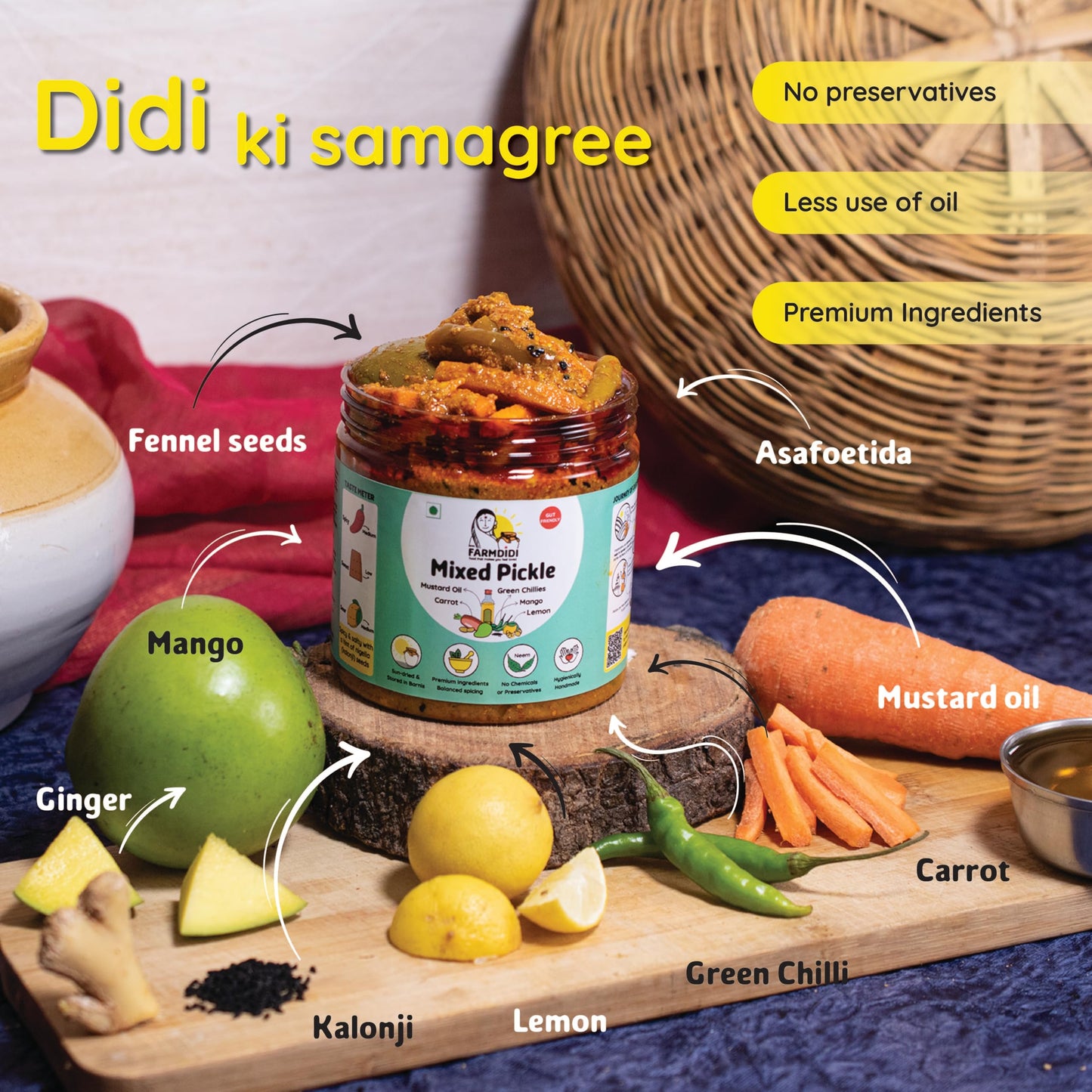 FarmDidi Mixed Pickle 325G | Carrot, Lemon & Chilli | Low-Oil, No Preservatives