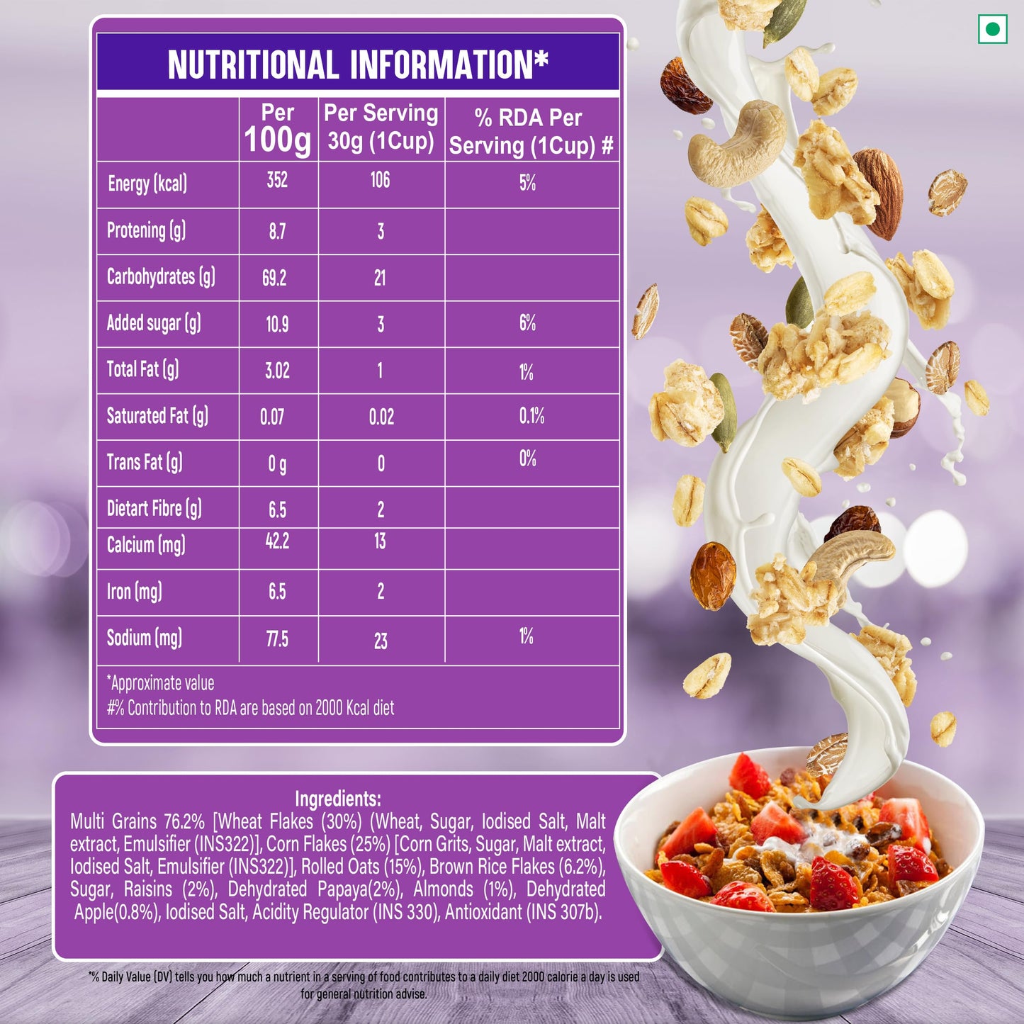 KWALITY Muesli Fruit, Nut & Seeds 900g Jar - 87% Multigrain, No Maida, High in Fiber & Protein