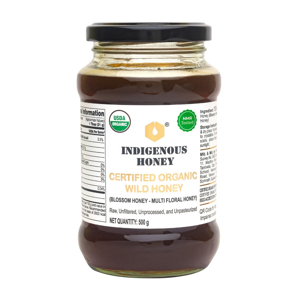 INDIGENOUS HONEY Raw Organic Honey 500 g Glass Jar - USDA Certified, NMR Tested