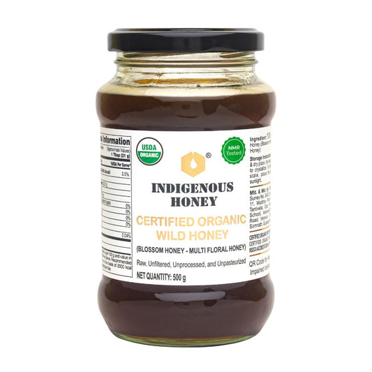 INDIGENOUS HONEY Raw Organic Honey 500 g Glass Jar - USDA Certified, NMR Tested