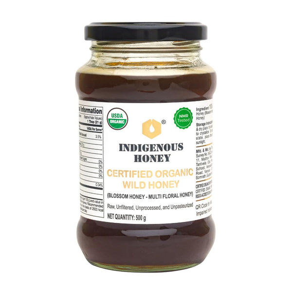 INDIGENOUS HONEY Raw Organic Honey 500 g Glass Jar - USDA Certified, NMR Tested