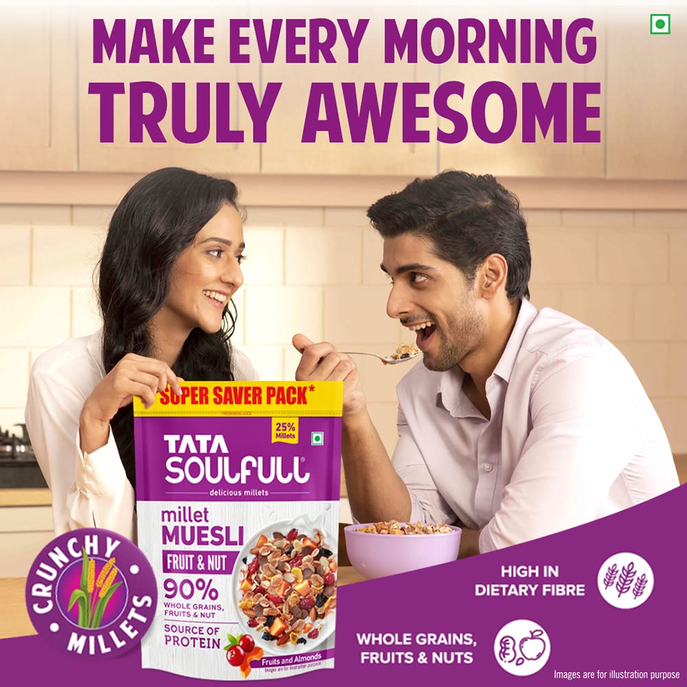 Tata Soulfull Millet Muesli, Fruit & Nut, 700 g, 25% Crunchy Millets, 90% Whole Grains