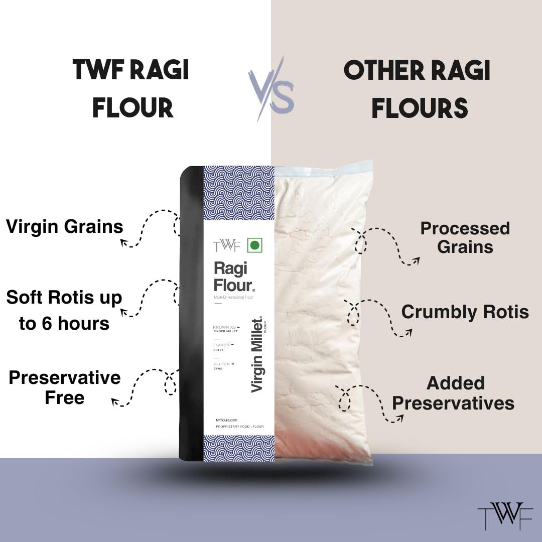 TWF Ragi Flour | 2Kg | Gluten-Free Finger Millet Atta | Stone Ground
