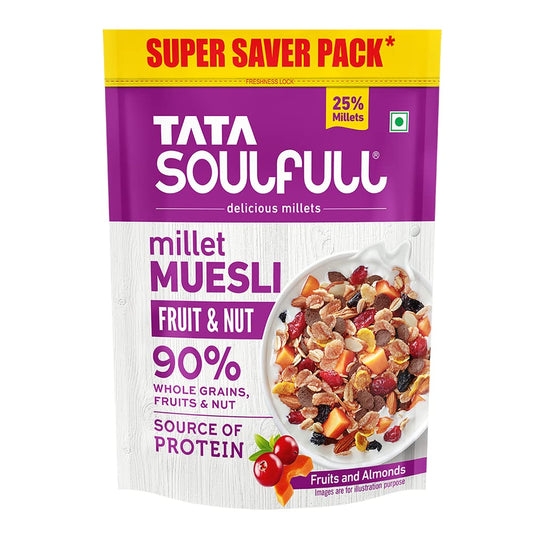 Tata Soulfull Millet Muesli, Fruit & Nut, 700 g, 25% Crunchy Millets, 90% Whole Grains
