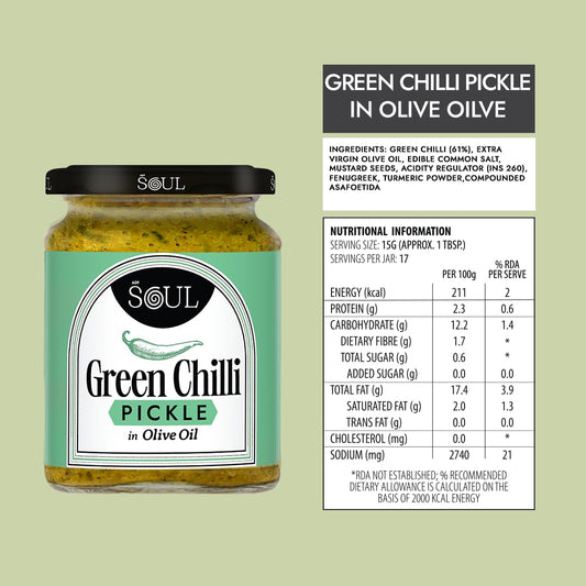 ADF Soul’s Green Chilli Pickle in Olive Oil - 265g, Spicy & Flavorful