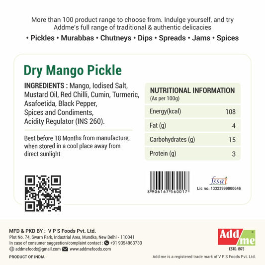 Add Me Dry Mango Pickle 500gm - Less Oil, Glass Jar