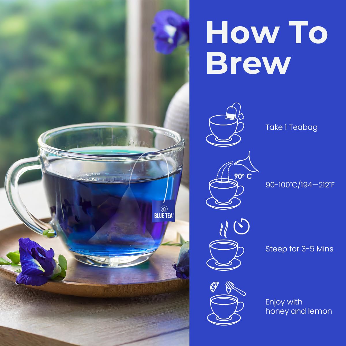 BLUE TEA Butterfly Pea Flower Tea - 30 Bags - Caffeine Free Herbal Tea