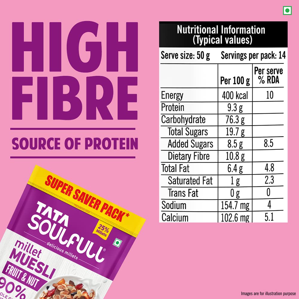 Tata Soulfull Millet Muesli, Fruit & Nut, 700 g, 25% Crunchy Millets, 90% Whole Grains