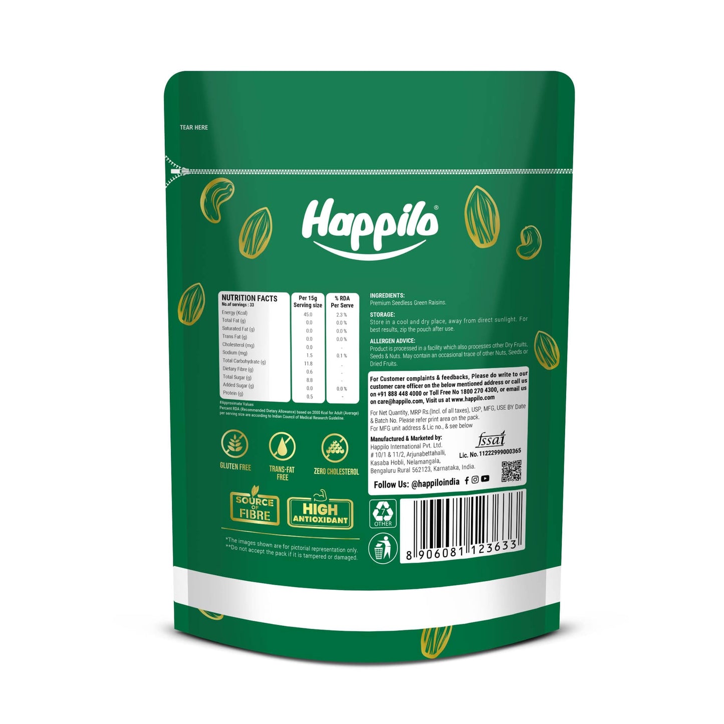 Happilo Dried Seedless Green Raisins 500 gm | Flavourful Snack | Source of Potassium | Dried Fruits