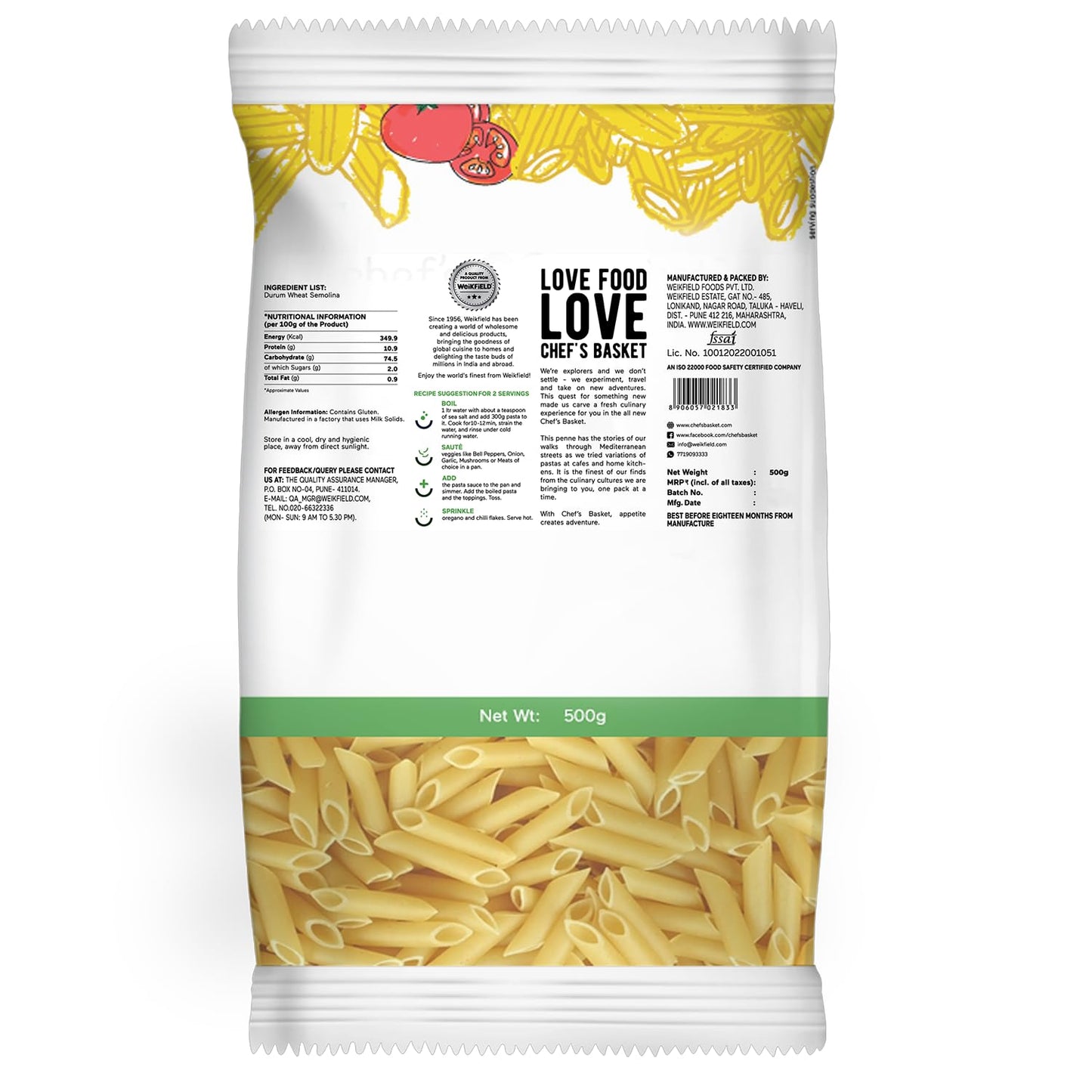 Chef's Basket Durum Wheat Penne Pasta | 500 gm Pouch | Vegetarian