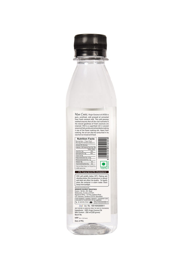 Max Care Virgin Coconut Oil 250ML - Cold Pressed, 100% Natural