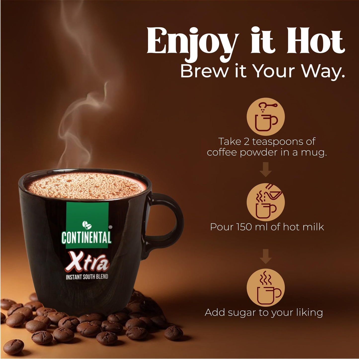 Continental Coffee Xtra Instant Coffee Powder | 200g Pouch | 70% Coffee 30% Chicory | Medium Roast