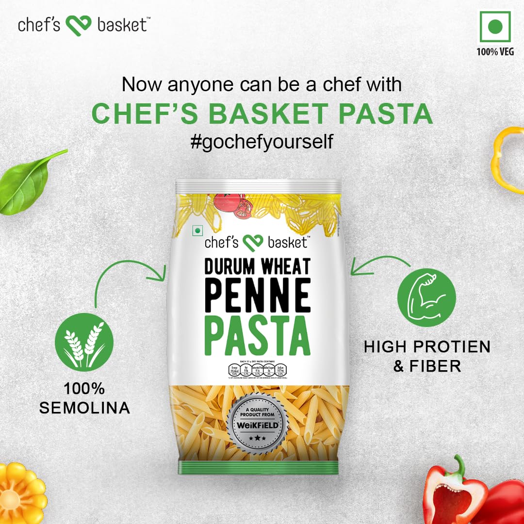 Chef's Basket Durum Wheat Penne Pasta | 500 gm Pouch | Vegetarian