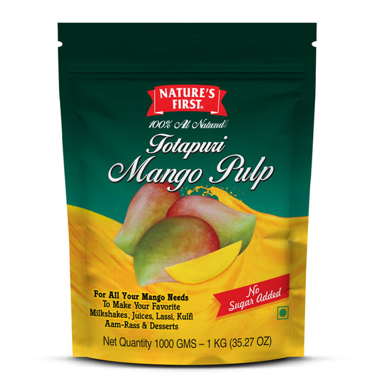 Nature's First Totapuri Mango Pulp 1 Kg Pouch - Fresh Mango Flavor for Smoothies, Desserts, and Juices