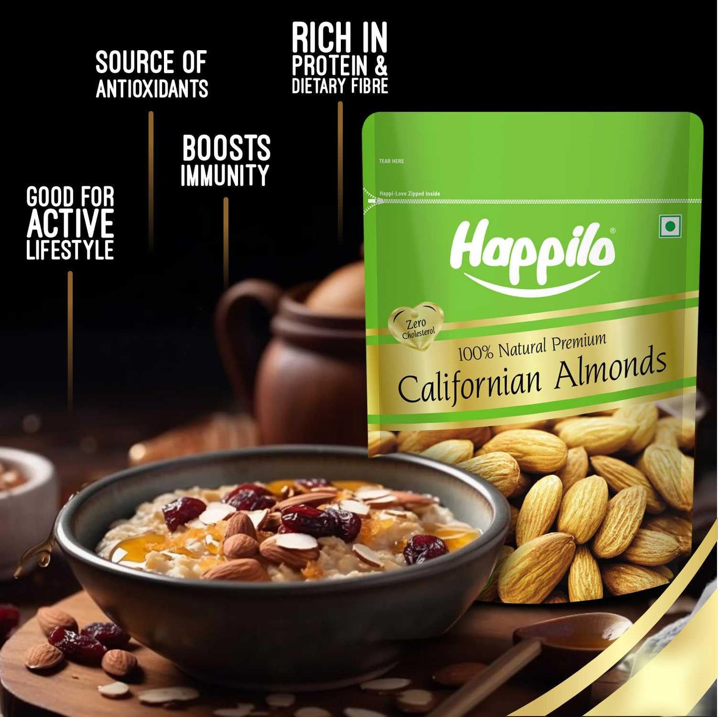 Happilo California Almonds 500g | Gluten Free, Low Glycemic, Protein Rich
