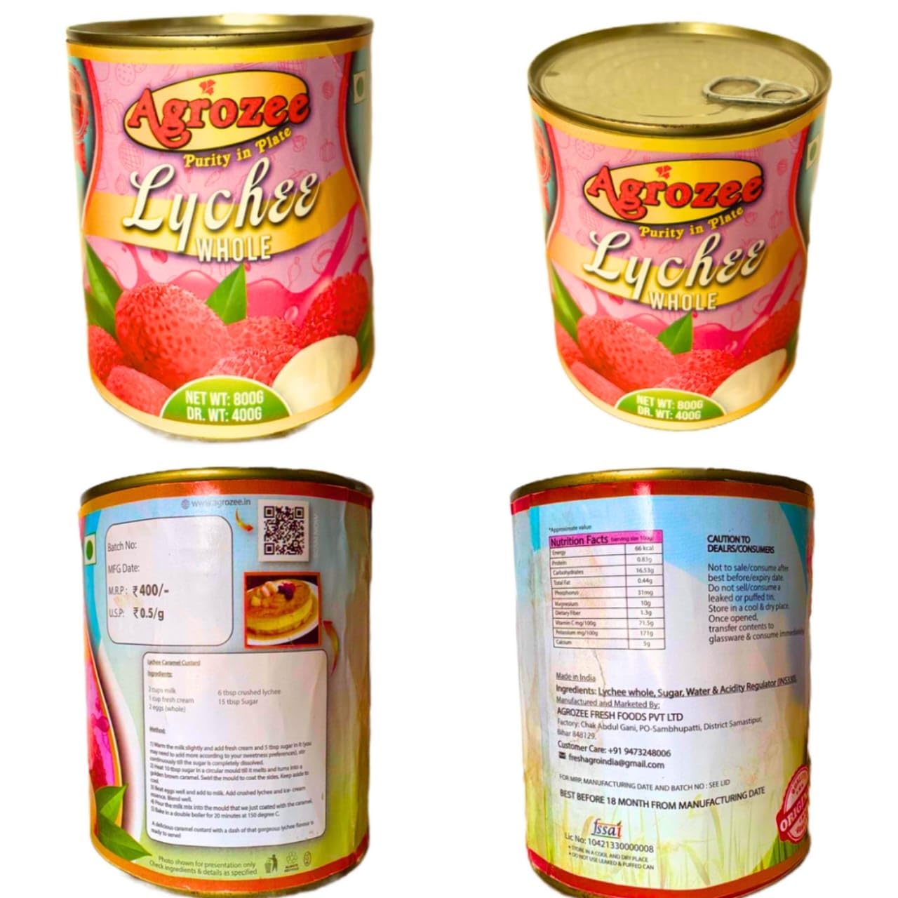 Agrozee Canned Whole Lychee in Sugar Syrup, 850g (Pack of 2)