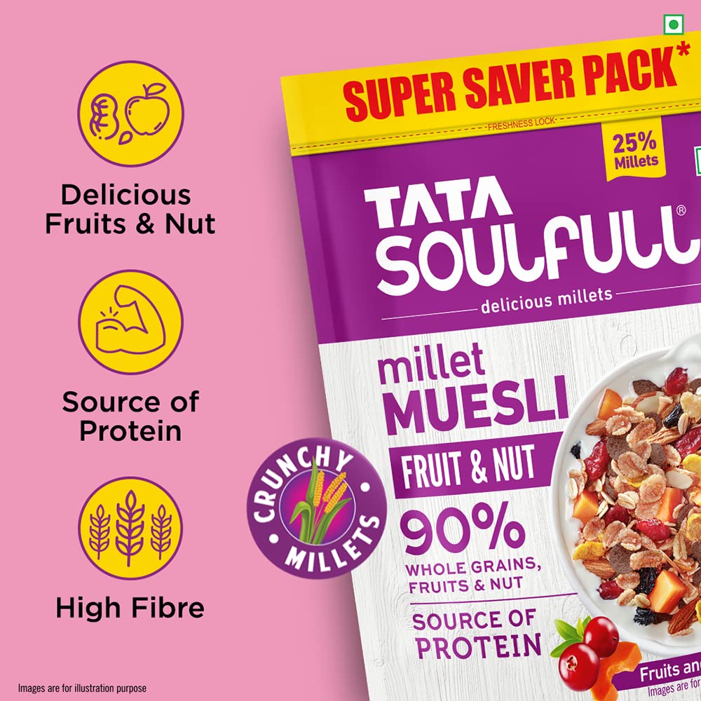 Tata Soulfull Millet Muesli, Fruit & Nut, 700 g, 25% Crunchy Millets, 90% Whole Grains