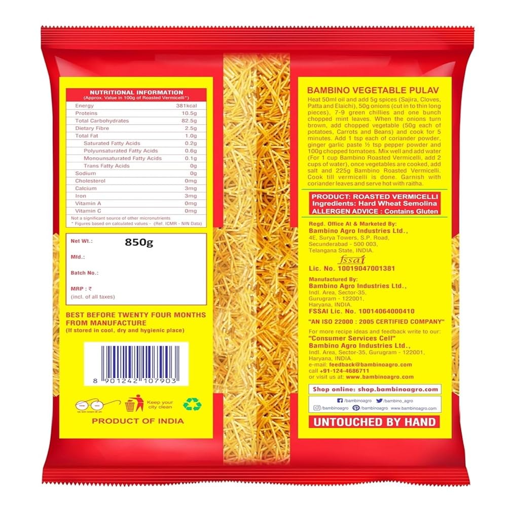 Bambino Vegetarian Vermicelli, Roasted, 850g - Quick Cooking Pasta