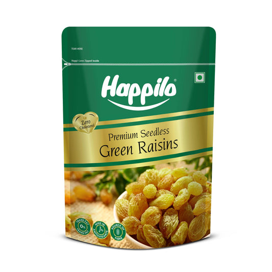 Happilo Dried Seedless Green Raisins 500 gm | Flavourful Snack | Source of Potassium | Dried Fruits