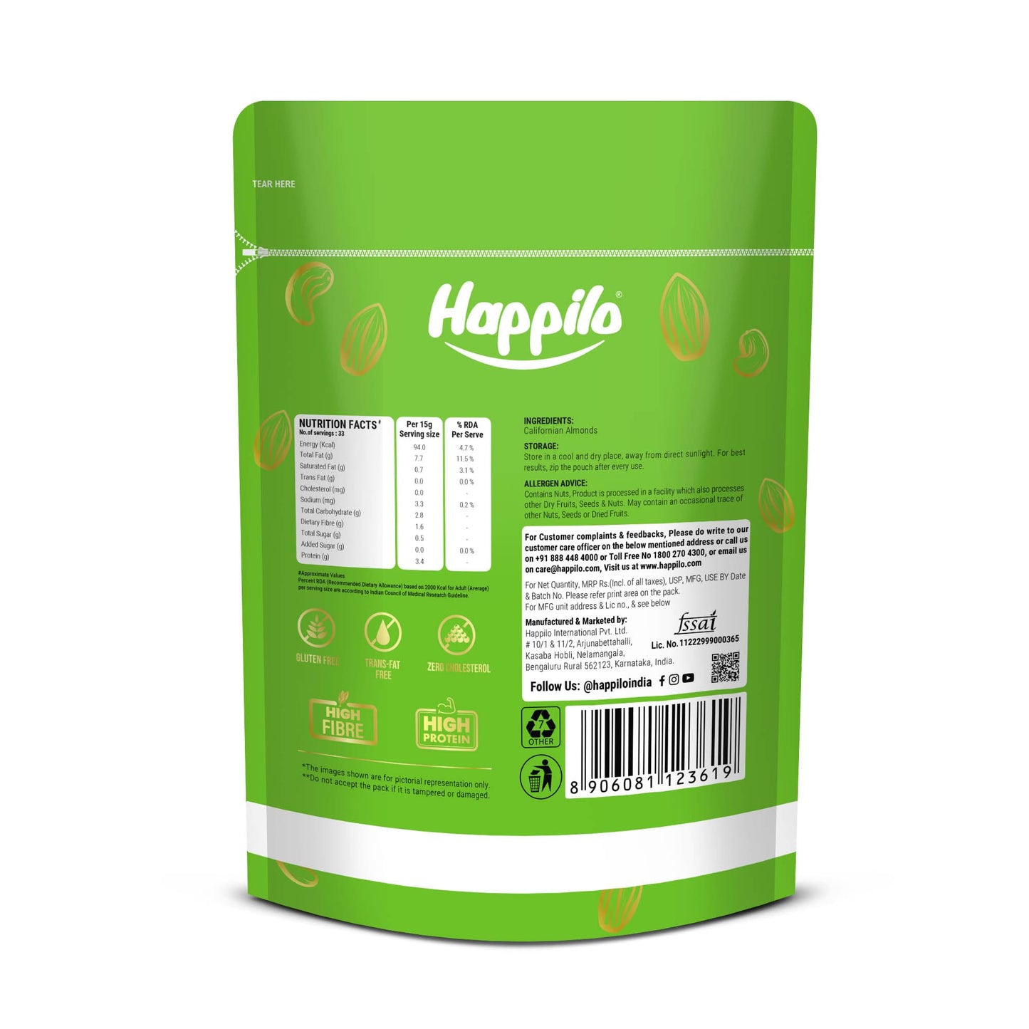 Happilo California Almonds 500g | Gluten Free, Low Glycemic, Protein Rich