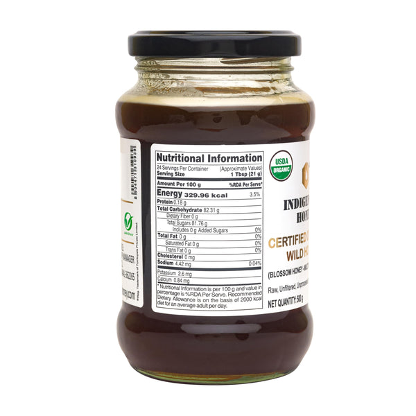 INDIGENOUS HONEY Raw Organic Honey 500 g Glass Jar - USDA Certified, NMR Tested
