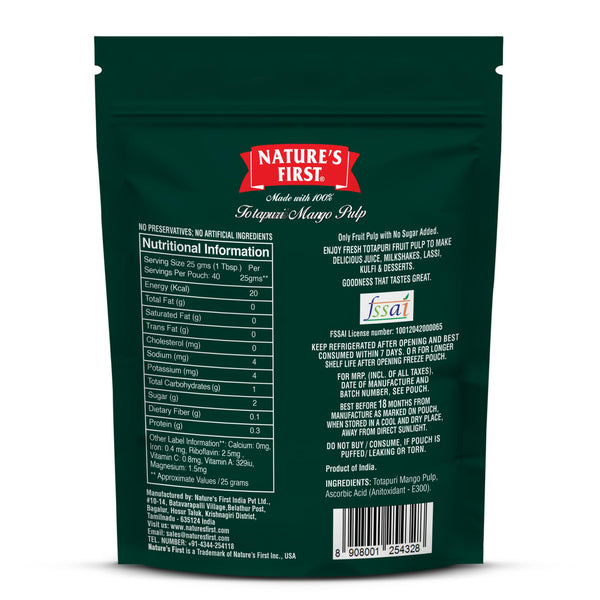Nature's First Totapuri Mango Pulp 1 Kg Pouch - Fresh Mango Flavor for Smoothies, Desserts, and Juices