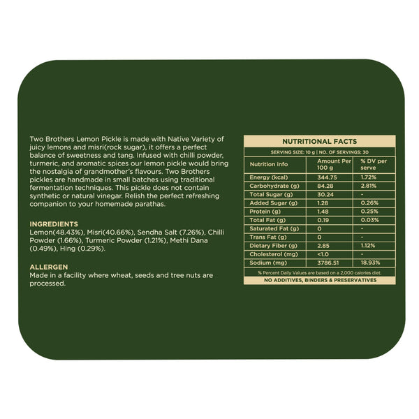 Two Brothers Organic Farms Lemon Pickle 300g | Sweet and Sour, Oil Free, No Artificial Preservatives