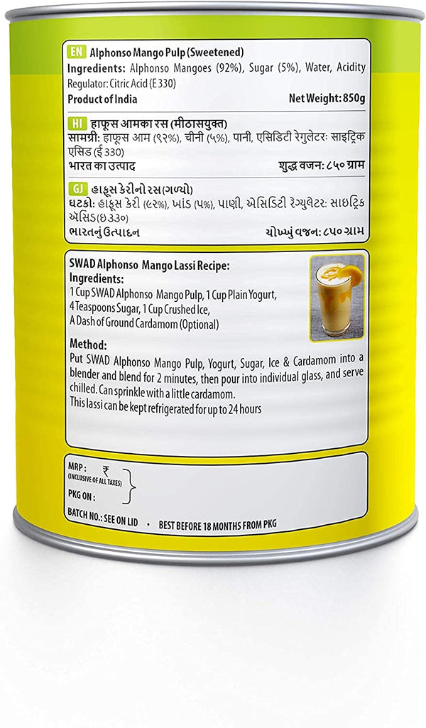 SWAD Ratnagiri Alphonso Mango Pulp Tin, 850g - Pack of 2