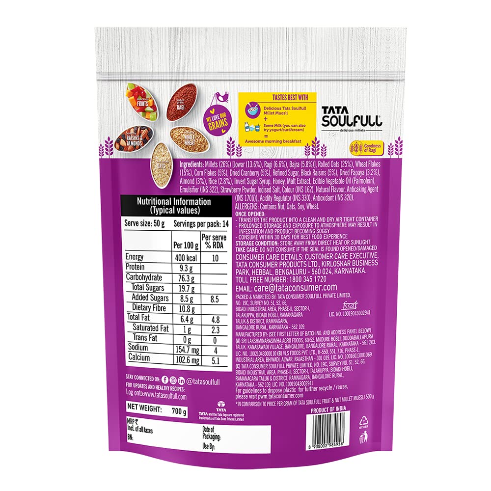 Tata Soulfull Millet Muesli, Fruit & Nut, 700 g, 25% Crunchy Millets, 90% Whole Grains