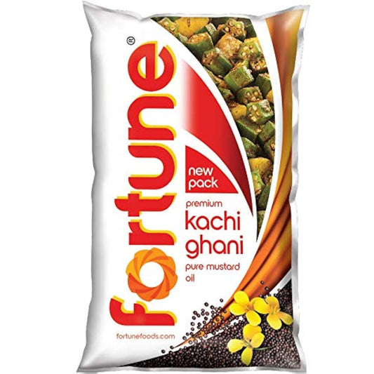 Fortune Kachi Ghani Mustard Oil, 1 Ltr Pouch - Rich in Omega 3 & 6