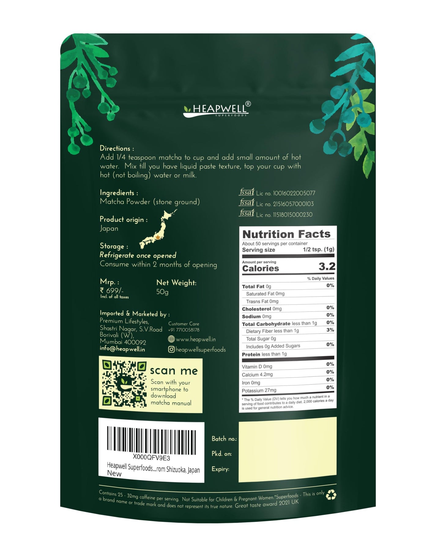 Heapwell Superfoods Matcha Green Tea Powder - 100% Natural, 100g